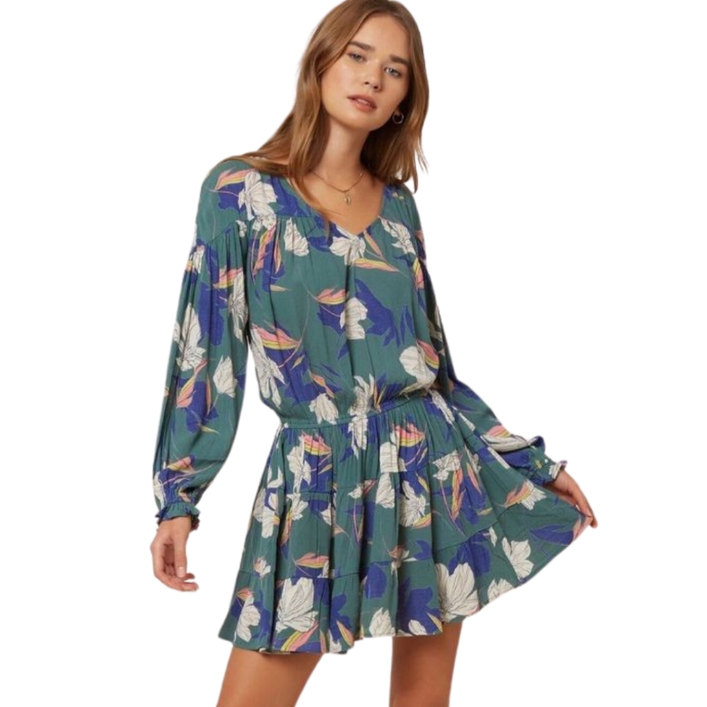 O'Neill Amaryn Dress Size S Green Floral Print V-Neck Long Sleeved Loose Fit
